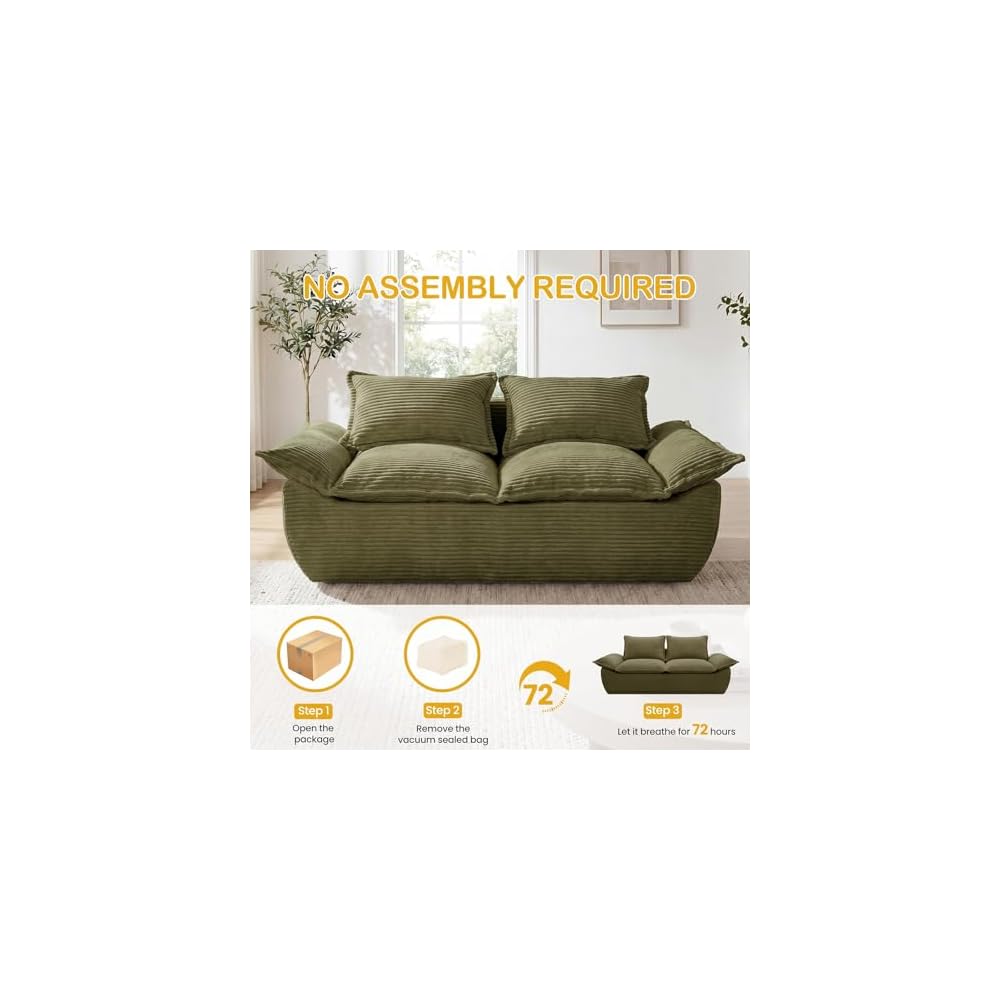 56" Boneless Loveseat, 2-Seater Green Boneless Sofa with Removable Cushions & 2 Pillows, Small Boneless Couch Deep Seat Compress Foam Sofa for Living Room, Apartments, & Office