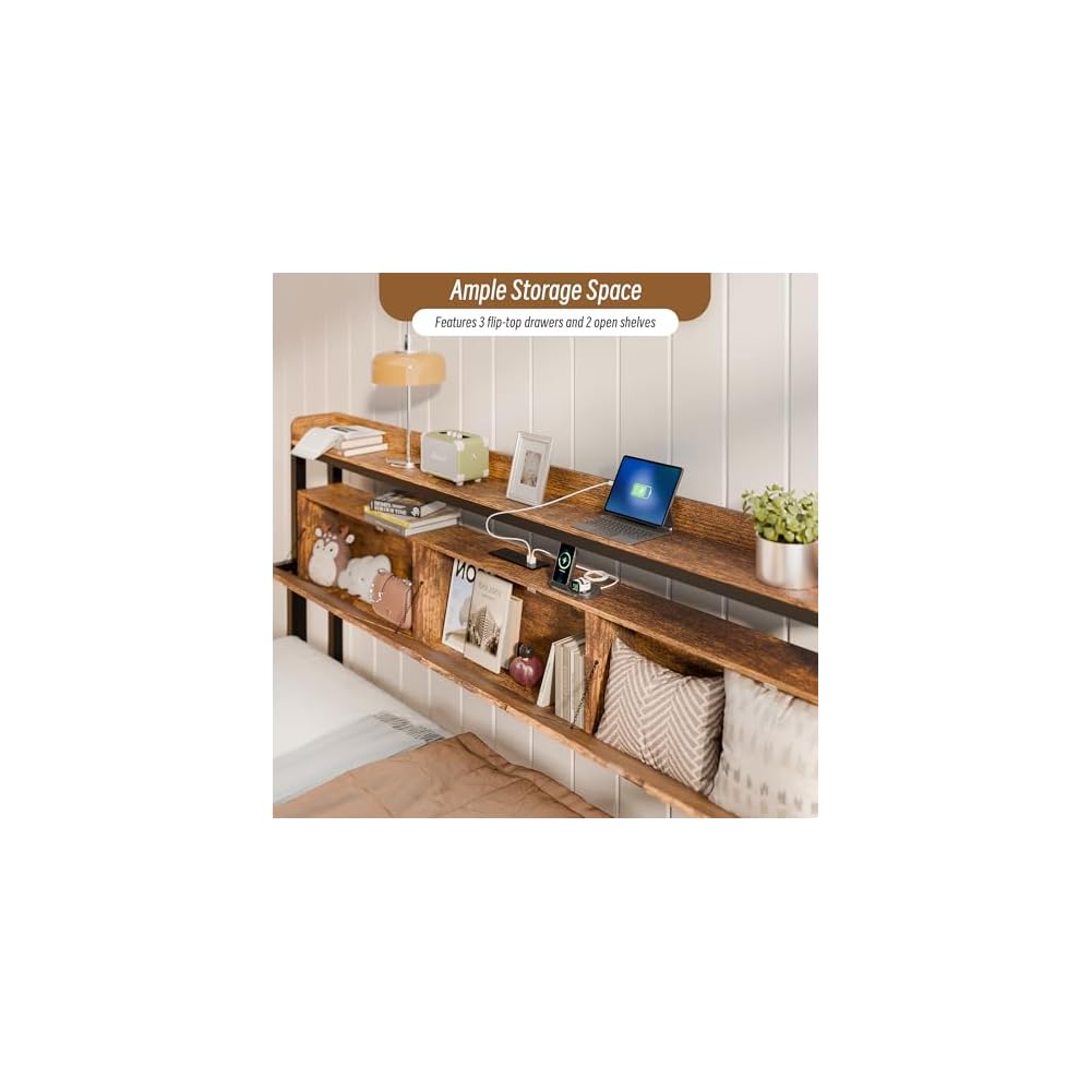 TOLEAD Twin Metal Daybed with Pop Up Trundle, Twin to King Expandable Bed Frame with Storage Headboard & Charging Station, Heavy Duty Day Bed for Bedroom or Guest Room, Rustic Brown