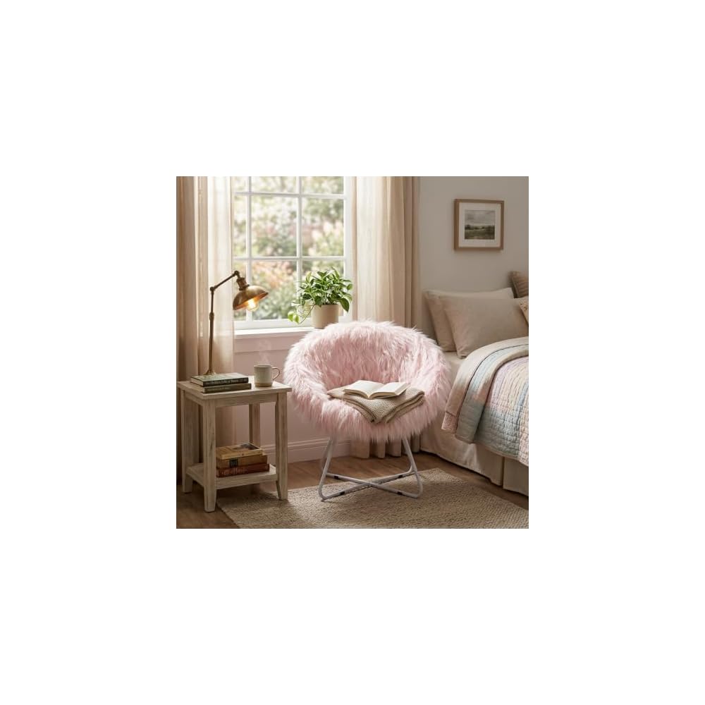 BIRDROCK HOME Faux Fur Saucer Chair - Oversized Comfy Cushion Lounge Chair with Metal Legs - Cozy Fuzzy Seat, Fluffy Round, and Lightweight Moon Chair or for Bedroom, Dorm or Patio (Pink)