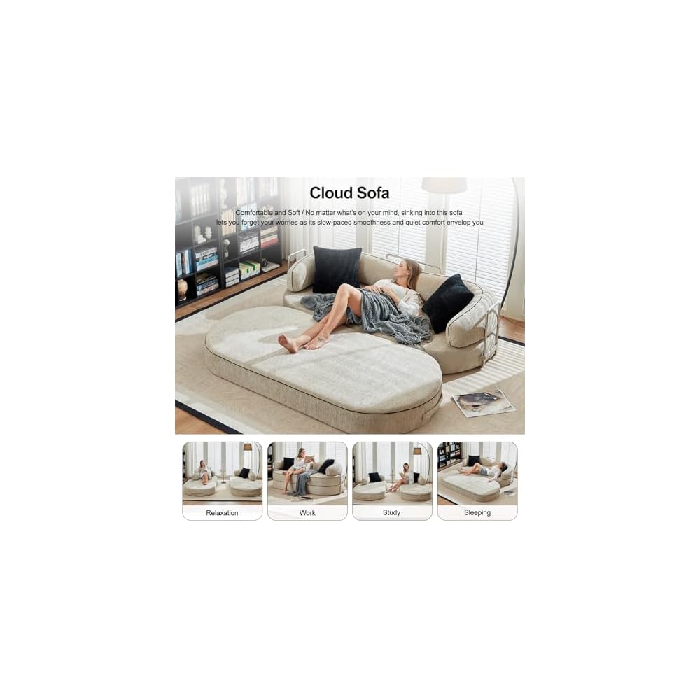 4-in-1 Folding Convertible Sofa Bed, 78 Inch Compression Oversized Corduroy Upholstered Boneless Couch with Fixed-Shape Frame, Loveseat Sleeper with Pull Out Bed, Modular Futon Couch,Beige