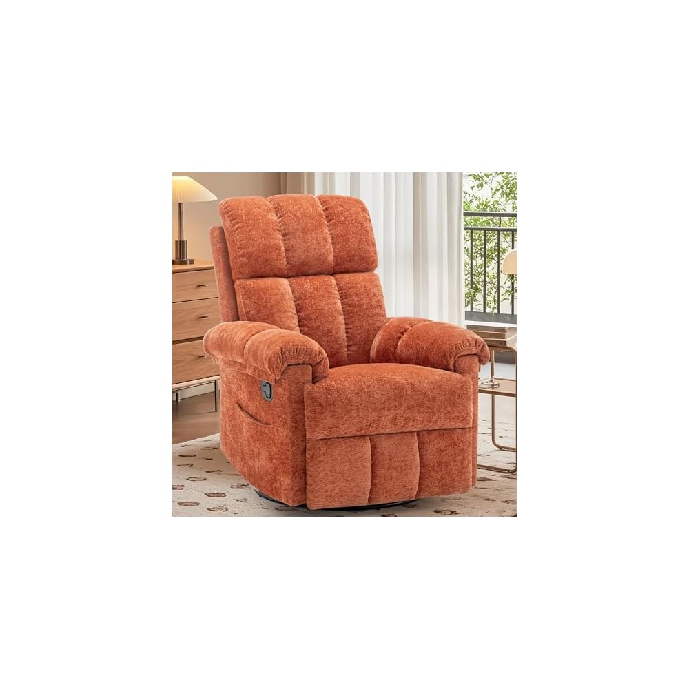 Korser Recliner Chair, Swivel Rocker Recliner Chair for Adults, Small Recliners for Small Spaces, Upholstered Manual Recliner with Side Pockets, Nursery Rocking Chair for Living Room, Chenille, Beige