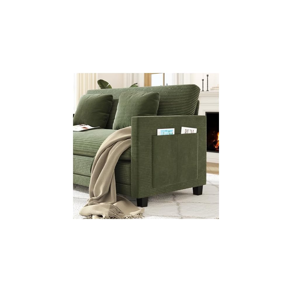 XVD 65 Inch Convertible Loveseat Sleeper Sofa Bed with Storage Pockets & 2 Pillows - 2-in-1 Folding Couch for Small Spaces, Modern Corduroy Loveseat for Apartment, Living Room, Guest Room, Green