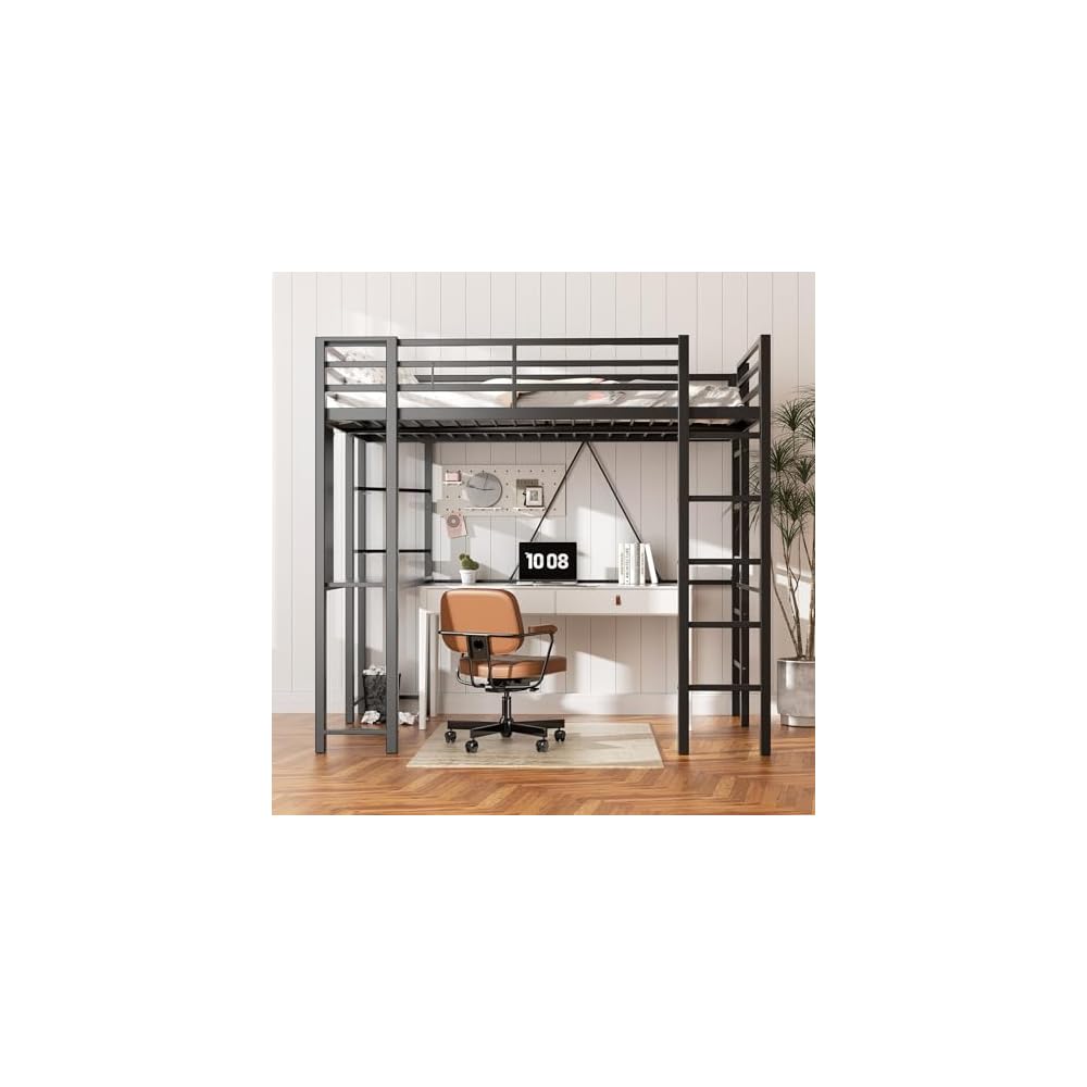 Shintenchi Loft Bed Full Size with Desk and Storage Shelves, Frame with 2 Side Ladders for Kids, Teens Adults, Spcace-Saving Noise-Free and Anti-tilt Design, Black