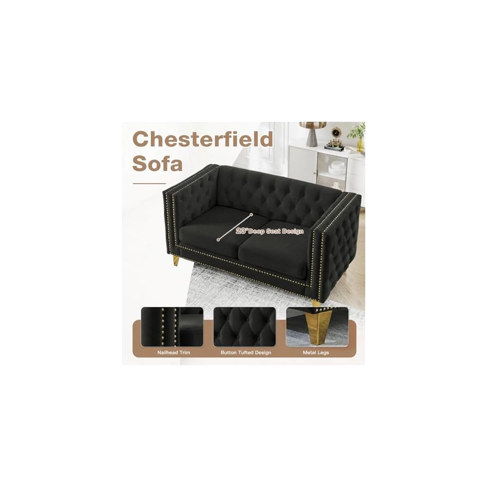 Chesterfield Sofa, Velvet Loveseat Sofa Couch with Buttons Tufted, Mid Century Modern Couch with Nailhead Trim & Square Armrest, Couches for Living Room, Bedroom, Apartment, Office(Black,58''W)