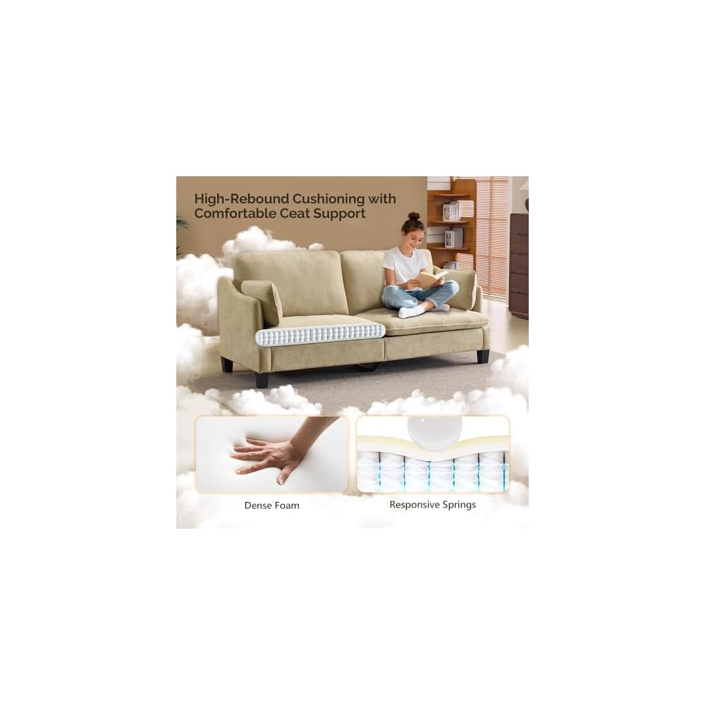 VINGLI 84" Extra Deep Seat Sofa Couch, 3 Seater Upholstered Living Room Couches with 2 Piped Seater Cushions, Throw Pillows, Modern Linen Velvet Fabric Sofa for Apartment Bedroom Office