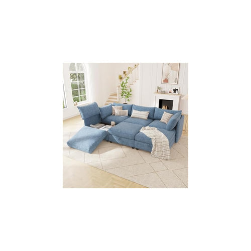 95.5" Chenille Modular Sectional Sofa Bed Hidden Storage, Convertible L U Shaped Sleeper Couch, 6 Seat Modern Modular Sectional Sofa with Removable Covers & Ottoman Chaise, for Living Room, Blue