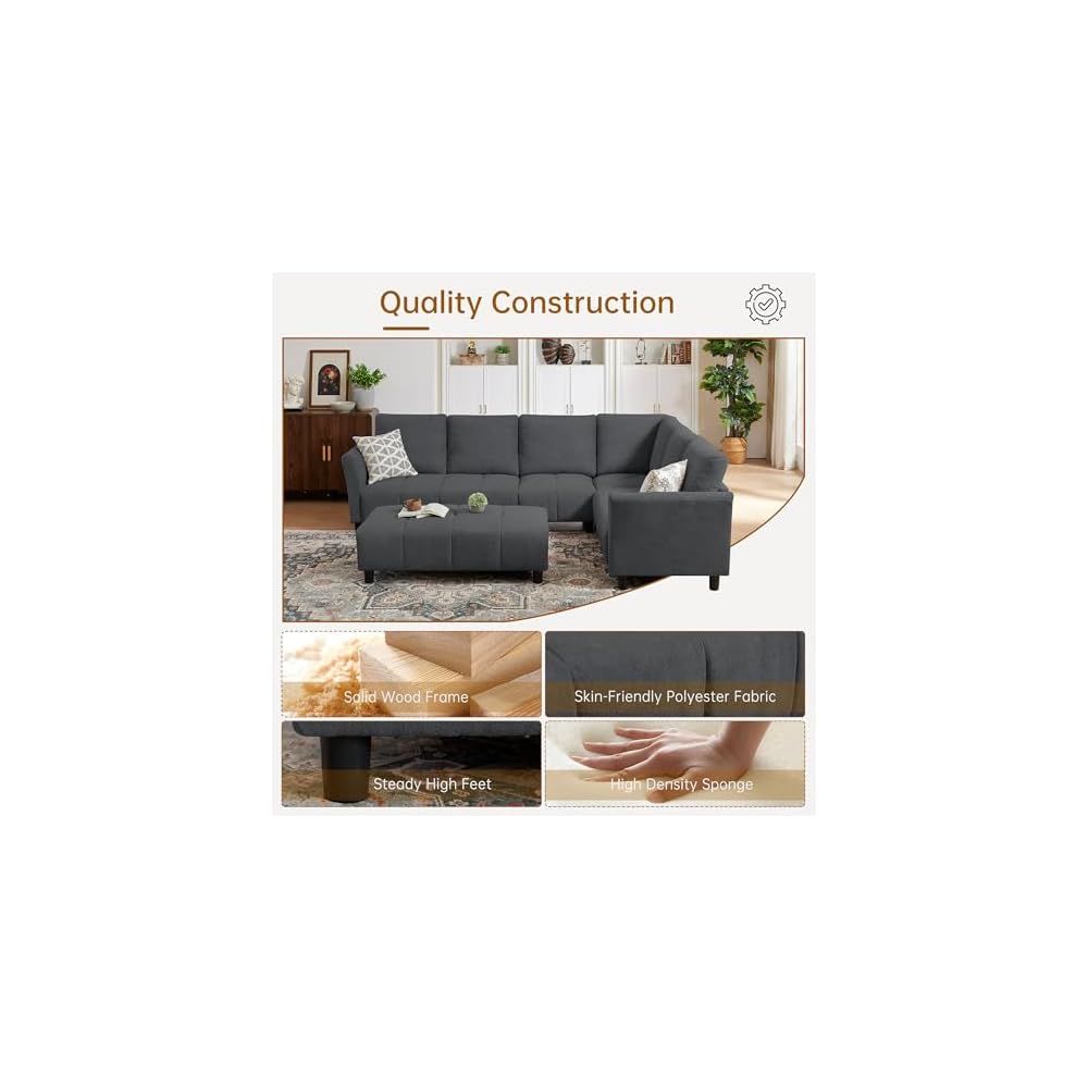 Modular Sectional Sofa, L-Shaped Sectional Couch with Movable Ottoman, Removable Covers, Comfy Sectionals Set for Living Room,Office (Dark Grey, 6-Seats)
