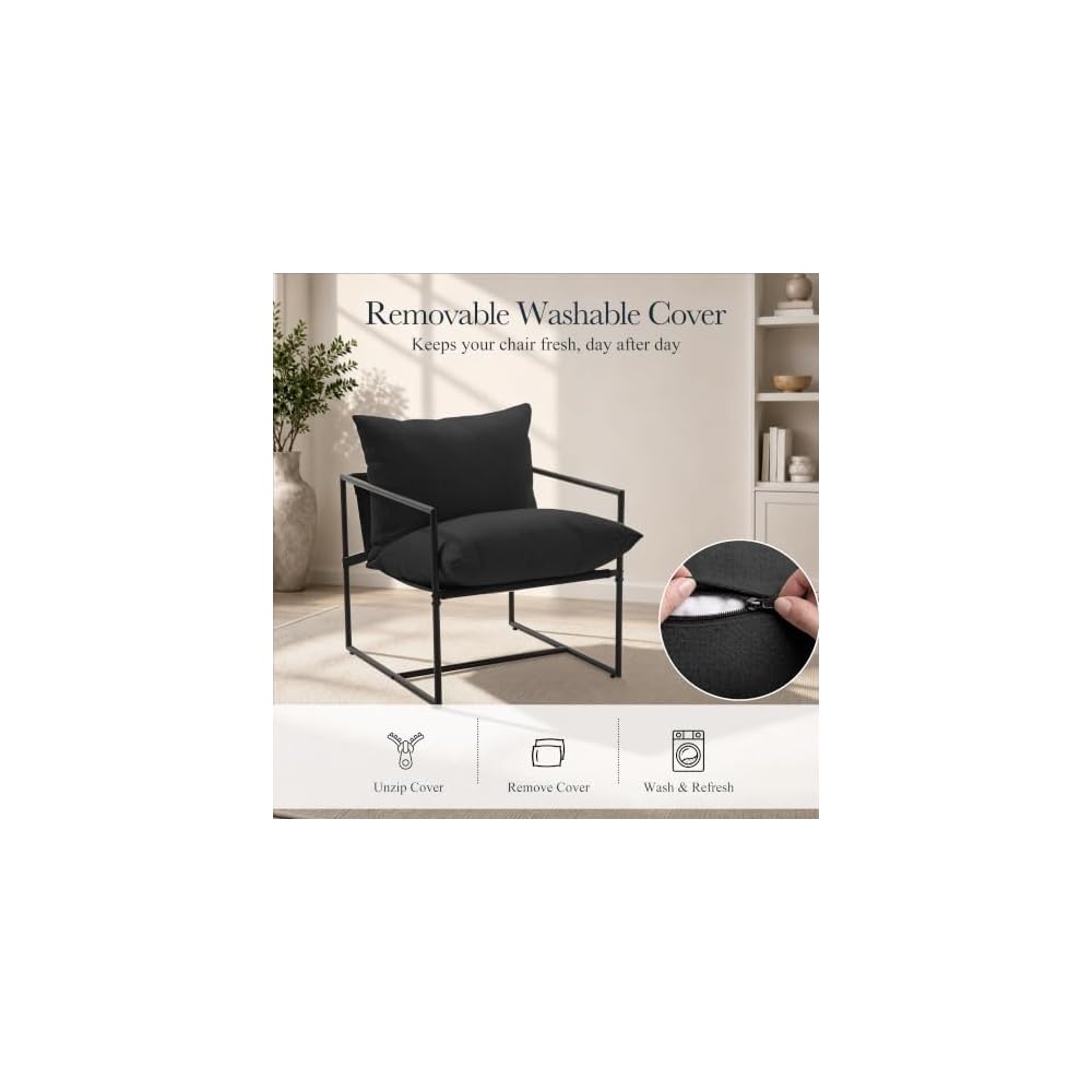 Modern Accent Chair, Upholstered Reading Sling Chair with Metal Frame and Soft Cushion,Stylish Lounge Armchair for Living Room, Bedroom or Office Seating, Black