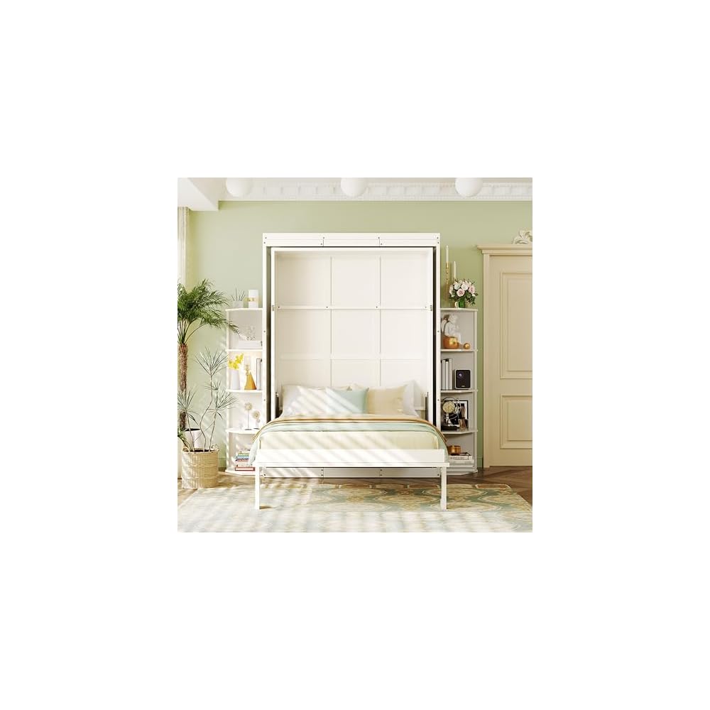 Rotating Queen Murphy Bed with Hidden Wall Cabinet, Dual 3-Tier Side Shelves, Convertible Desk, White