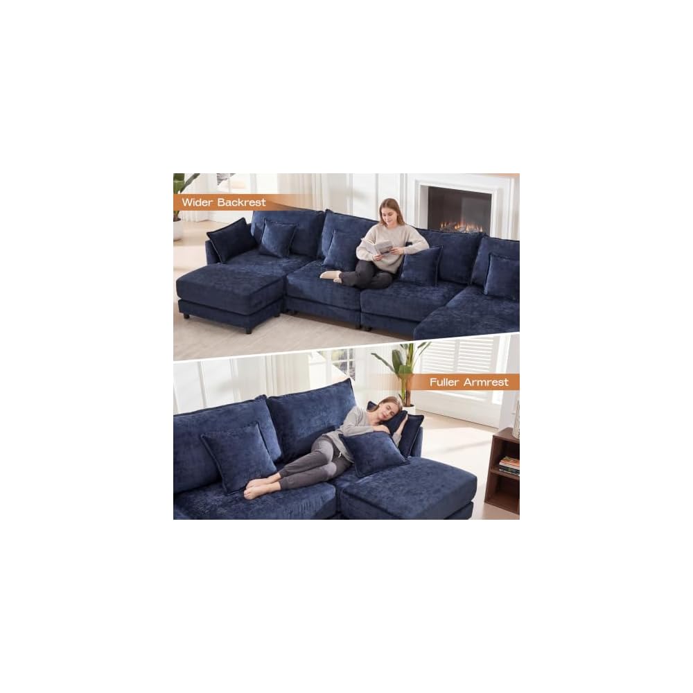 Oversized Chaise Lounge Chair Indoor, Modern Chenille Sleeper Sofa Bed with Pillows, Deep Seat Cloud Couch Reading Chairs, Upholstered Sofas Couches for Living Room, Navy Blue