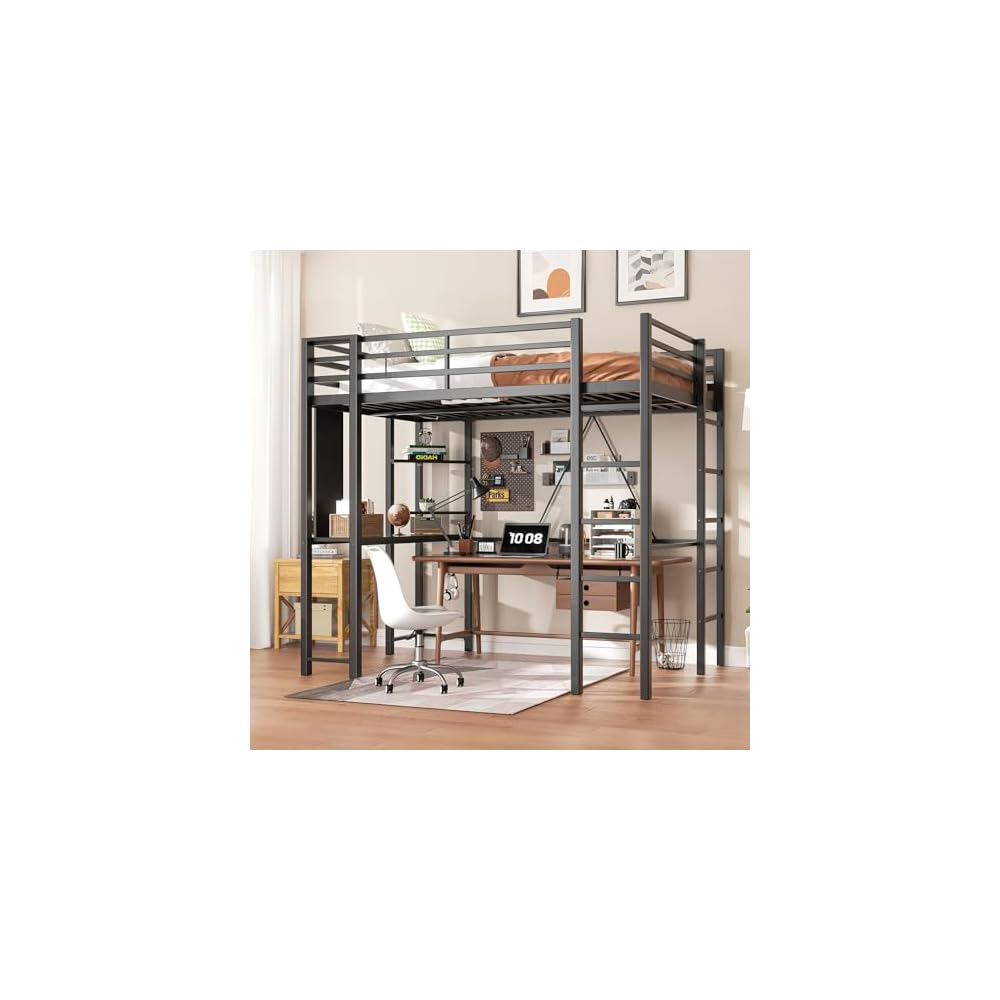 Shintenchi Loft Bed Full Size with Desk and Storage Shelves, Frame with 2 Side Ladders for Kids, Teens Adults, Spcace-Saving Noise-Free and Anti-tilt Design, Black