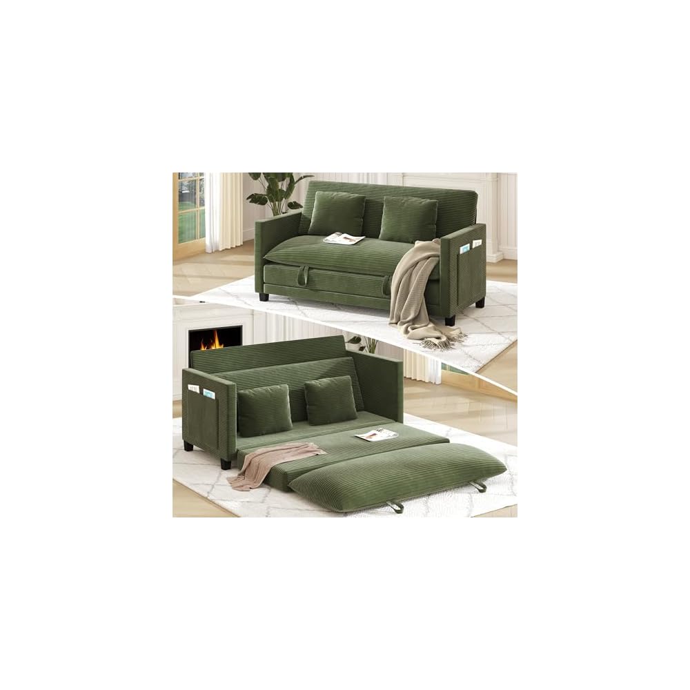 XVD 65 Inch Convertible Loveseat Sleeper Sofa Bed with Storage Pockets & 2 Pillows - 2-in-1 Folding Couch for Small Spaces, Modern Corduroy Loveseat for Apartment, Living Room, Guest Room, Green