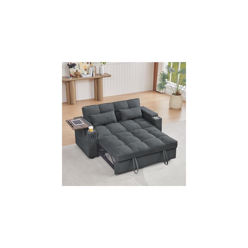 Auvsoce 65'' Convertible Sleeper Sofa Bed with Adjustable Backrest, Chaise Lounge, Side Table & USB/Type-C Ports – Stylish & Functional Addition to Any Living Room (Drak Grey)