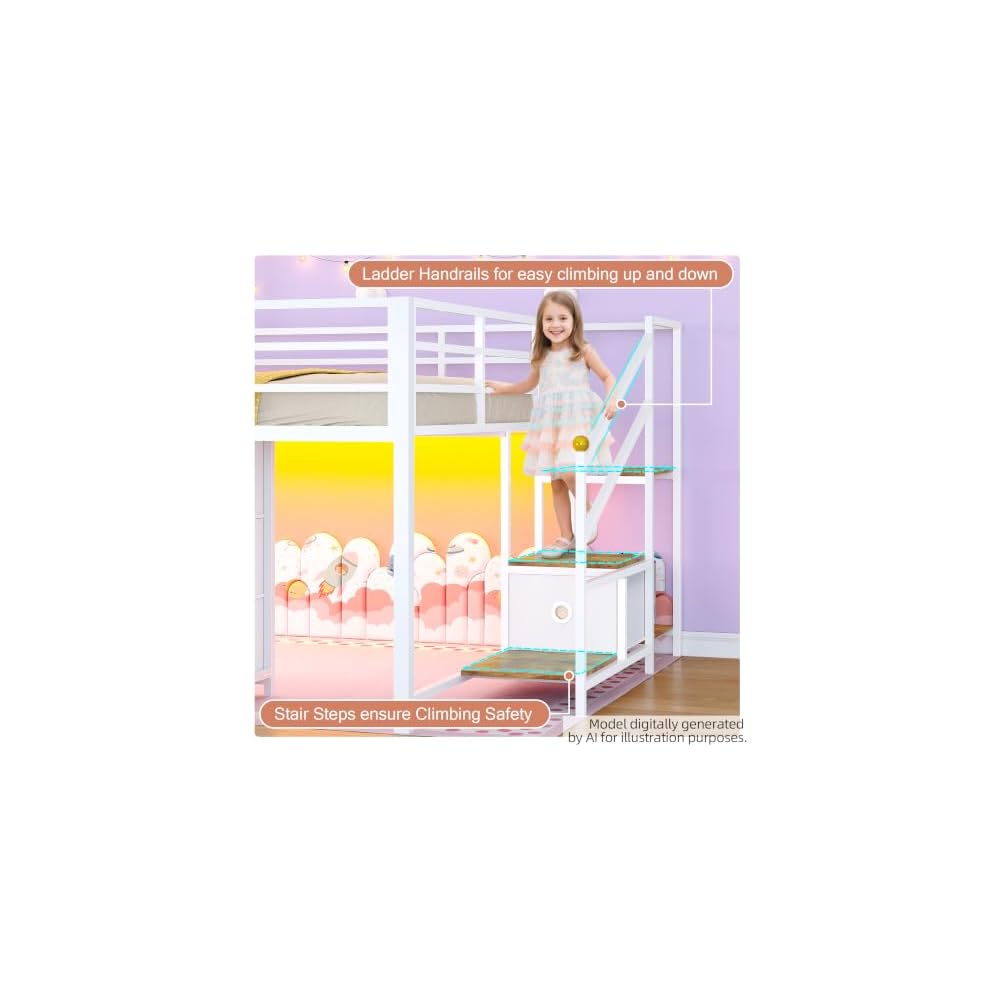 BYSAUD Low Loft Bed Full with 9 Drawers, 2 Shelves, Stairs & LED Lights