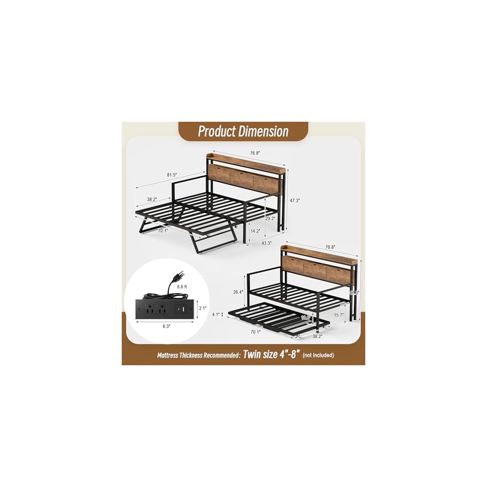 TOLEAD Twin Metal Daybed with Pop Up Trundle, Twin to King Expandable Bed Frame with Storage Headboard & Charging Station, Heavy Duty Day Bed for Bedroom or Guest Room, Rustic Brown