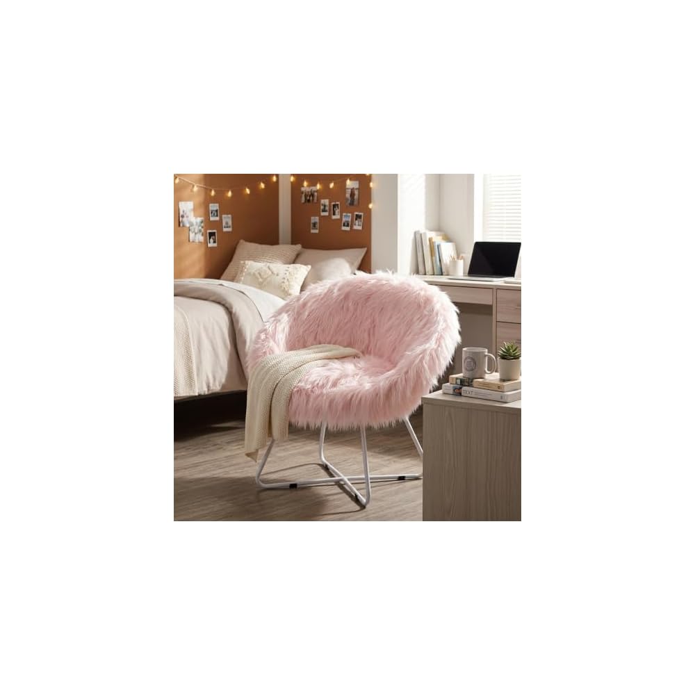 BIRDROCK HOME Faux Fur Saucer Chair - Oversized Comfy Cushion Lounge Chair with Metal Legs - Cozy Fuzzy Seat, Fluffy Round, and Lightweight Moon Chair or for Bedroom, Dorm or Patio (Pink)