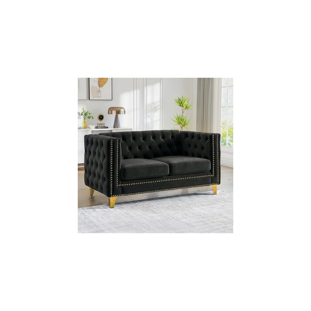 Chesterfield Sofa, Velvet Loveseat Sofa Couch with Buttons Tufted, Mid Century Modern Couch with Nailhead Trim & Square Armrest, Couches for Living Room, Bedroom, Apartment, Office(Black,58''W)