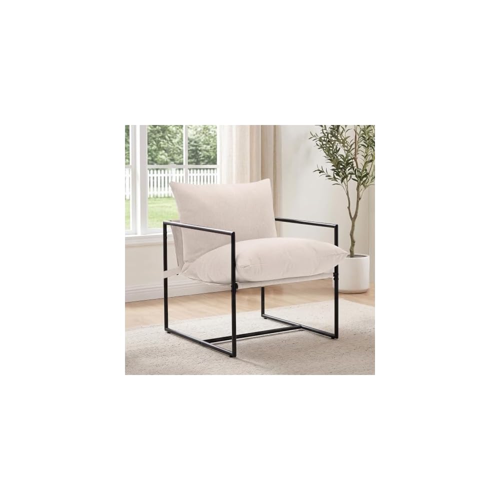 Modern Accent Chair, Upholstered Reading Sling Chair with Metal Frame and Soft Cushion,Stylish Lounge Armchair for Living Room, Bedroom or Office Seating, Black
