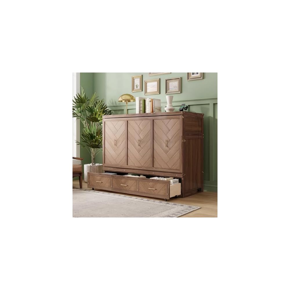 DNYN Queen Size Murphy Bed with Storage Drawer and Built-in Charging Station for Bedroom/Guest Room, Space-Saving Foldable Pine Wood Cabinet Bed with USB Ports, No Box Spring Needed