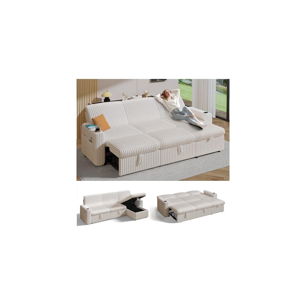 Sunny Heart 101" Plush Corduroy L Shaped Sectional Sleeper Sofa Bed with Pull Out Bed, Reclining Backrest, Reversible Storage Chaise, USB Ports, Cup Holders, Tool Free Assembly, Beige