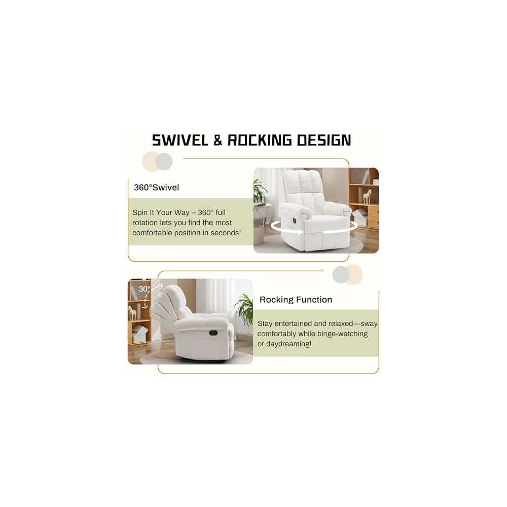 Korser Recliner Chair, Swivel Rocker Recliner Chair for Adults, Small Recliners for Small Spaces, Upholstered Manual Recliner with Side Pockets, Nursery Rocking Chair for Living Room, Chenille, Beige