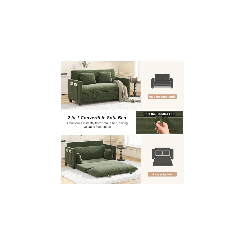 XVD 65 Inch Convertible Loveseat Sleeper Sofa Bed with Storage Pockets & 2 Pillows - 2-in-1 Folding Couch for Small Spaces, Modern Corduroy Loveseat for Apartment, Living Room, Guest Room, Green