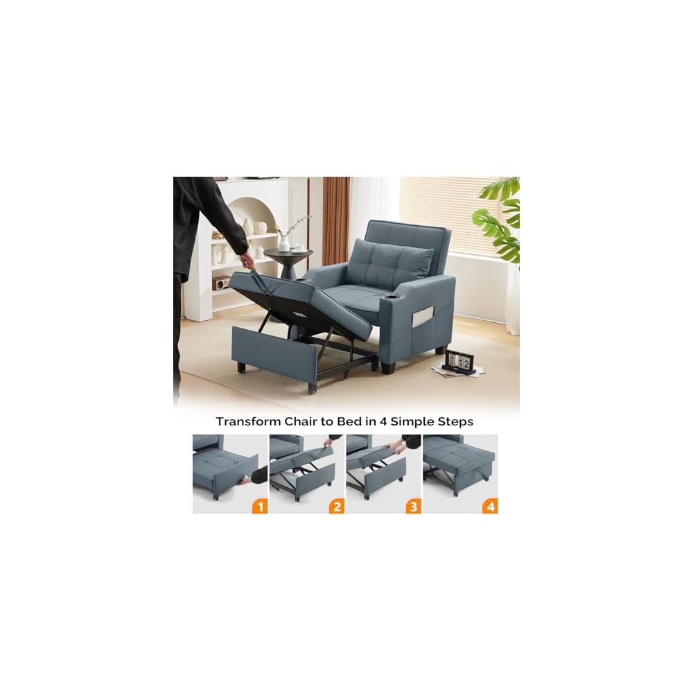 VINGLI 3-in-1 Convertible Sofa Bed, Recliner with Adjustable Backrest, USB Ports, Cup Holders for Small Spaces, Living Room