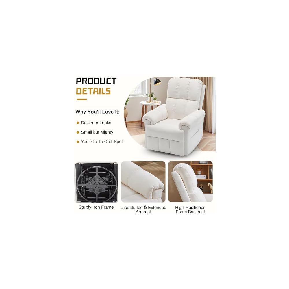Korser Recliner Chair, Swivel Rocker Recliner Chair for Adults, Small Recliners for Small Spaces, Upholstered Manual Recliner with Side Pockets, Nursery Rocking Chair for Living Room, Chenille, Beige