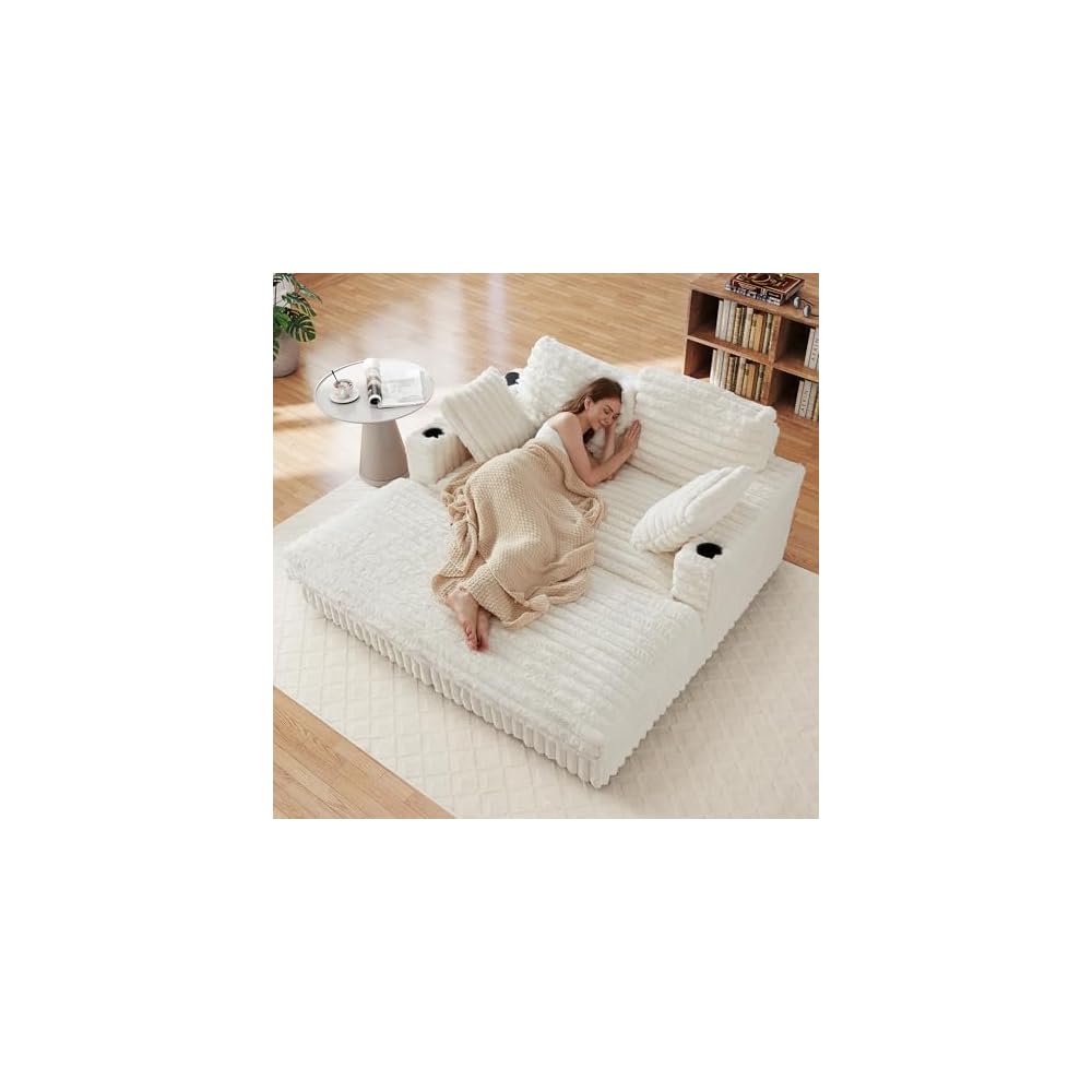 58'' Plush Faux Rabbit Fur Chaise Loveseat with Charging Station & Cup Holder and Pillows, Upholstered Corduroy Chaise Loveseat Sofa Recliner Longue Indoor Couch for Living Room, Bedroom, White