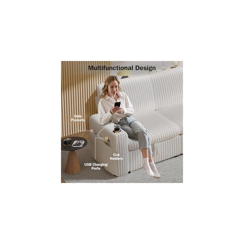 Sunny Heart 101" Plush Corduroy L Shaped Sectional Sleeper Sofa Bed with Pull Out Bed, Reclining Backrest, Reversible Storage Chaise, USB Ports, Cup Holders, Tool Free Assembly, Beige