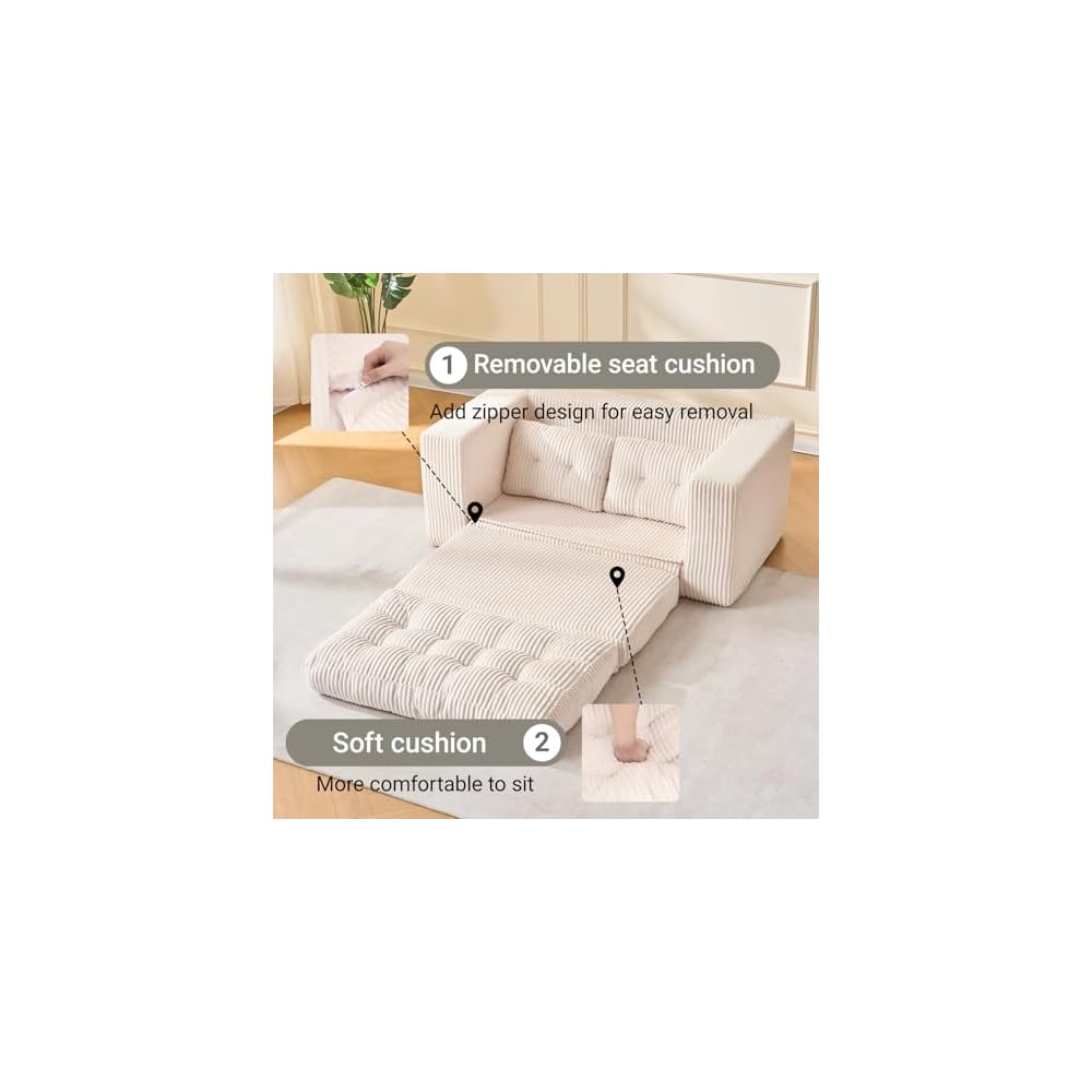 Fefances 55.1”Boneless Sofa Bed, 2-in-1 Convertible Loveseat & Folding Futon Couch, Small Space-Saving Design with Corduroy Fabric, for Living Room, Bedroom, Studio Apartment - Beige