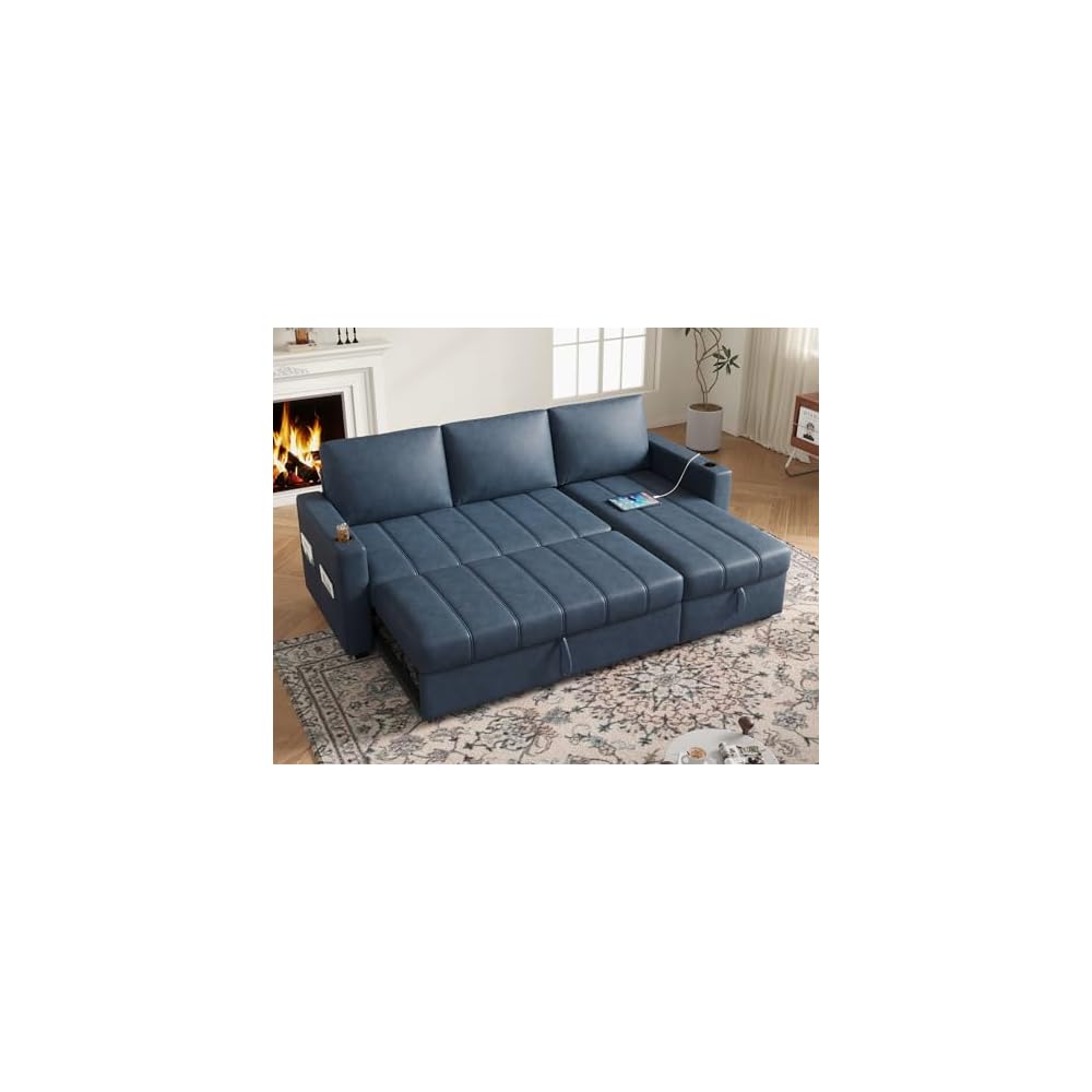 Fadware 89” L Shape Sofa Sleeper, Sectional Sofa Bed with Hidden Storage& Side Pocket, Anti-scratch Faux Leather Couch Bed with ChargePort& CupHolder, Modern Piano Design Pull Out Couch for LivingRoom