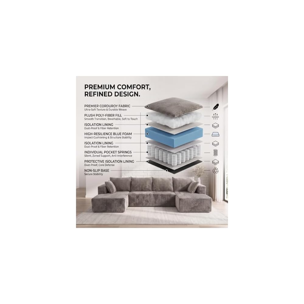 Ivorymoon 126" Boneless U‑Shaped Sectional Sofa for Living Room & Apartment