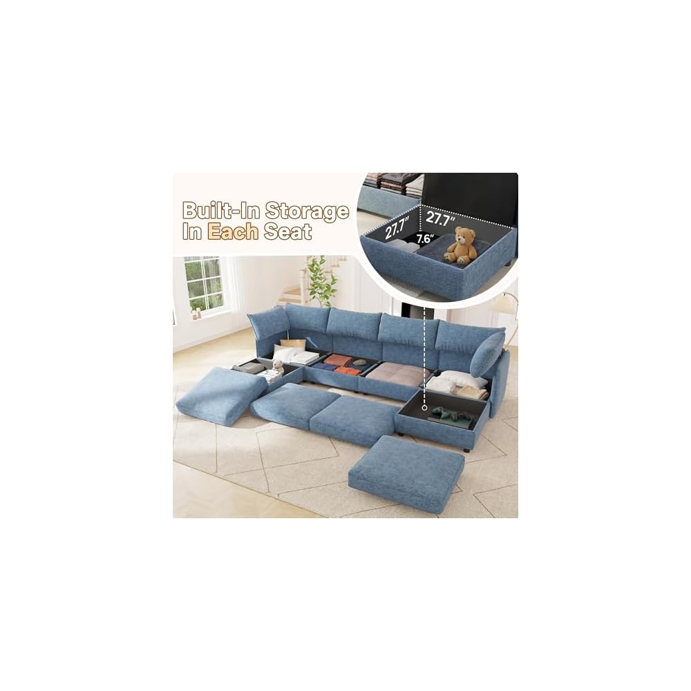 95.5" Chenille Modular Sectional Sofa Bed Hidden Storage, Convertible L U Shaped Sleeper Couch, 6 Seat Modern Modular Sectional Sofa with Removable Covers & Ottoman Chaise, for Living Room, Blue