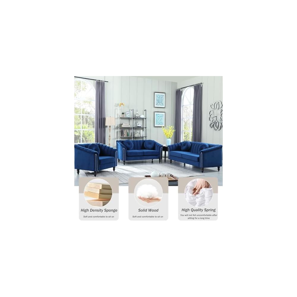 Moderno conjunto de sofá Chesterfield de terciopelo de lujo, sillón de franela, reposabrazos enrollados tapizados para sala de Estar, dormitorio, apartamento (Blue,3 Piece Set)