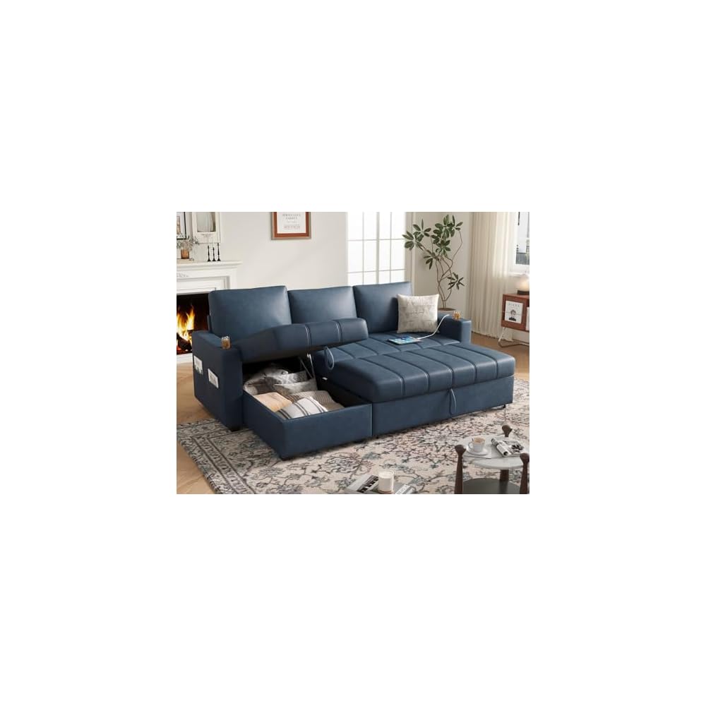 Fadware 89” L Shape Sofa Sleeper, Sectional Sofa Bed with Hidden Storage& Side Pocket, Anti-scratch Faux Leather Couch Bed with ChargePort& CupHolder, Modern Piano Design Pull Out Couch for LivingRoom