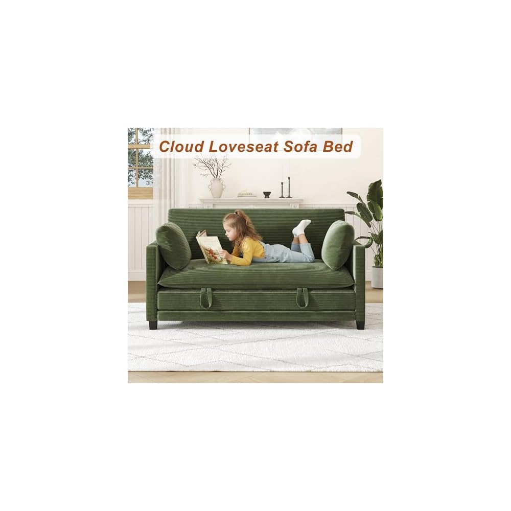 XVD 65 Inch Convertible Loveseat Sleeper Sofa Bed with Storage Pockets & 2 Pillows - 2-in-1 Folding Couch for Small Spaces, Modern Corduroy Loveseat for Apartment, Living Room, Guest Room, Green