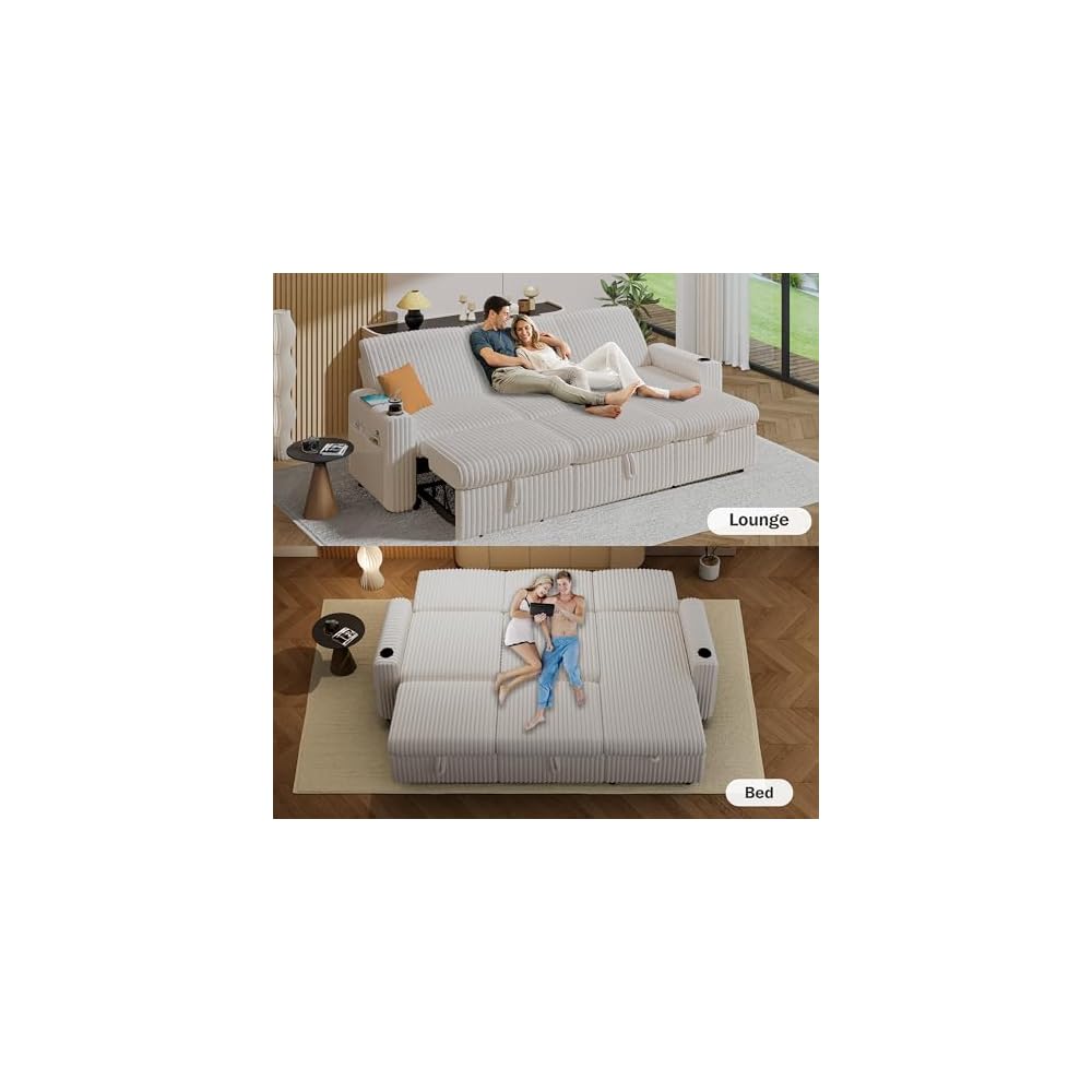 Sunny Heart 101" Plush Corduroy L Shaped Sectional Sleeper Sofa Bed with Pull Out Bed, Reclining Backrest, Reversible Storage Chaise, USB Ports, Cup Holders, Tool Free Assembly, Beige