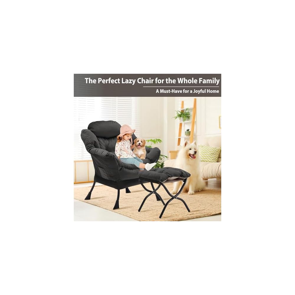 Youtanic Lazy Chair with Folding Ottoman, Accent Chair Velvet Upholstered with Metal Structure and Non-Slip Pads, Sofa Armchair with Footrest and Side Storage Bag for Dorm, Office, Charcoal