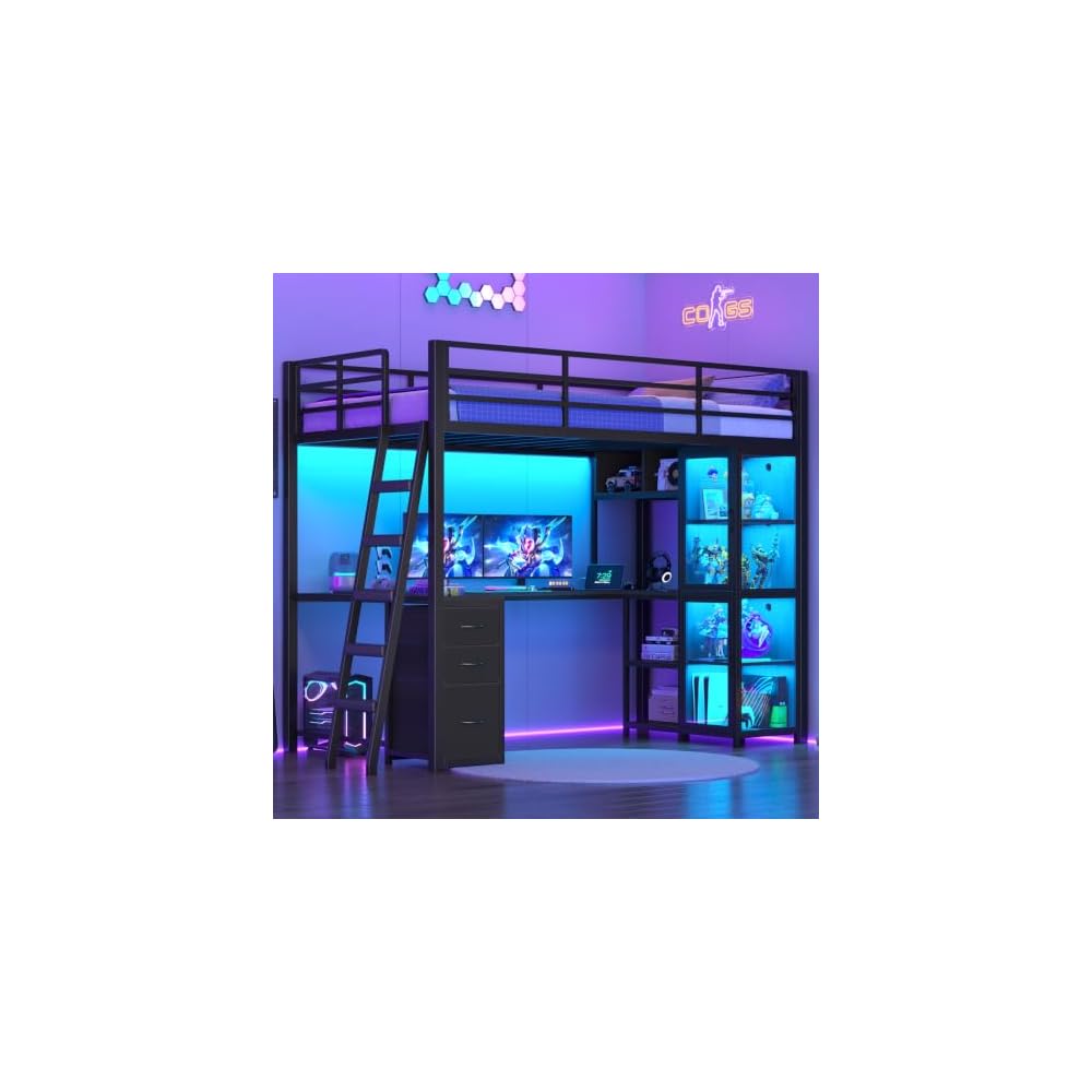 ADORNEVE Gaming Loft Bed Twin Size with U Shape Desk, Display Cabinet,Black