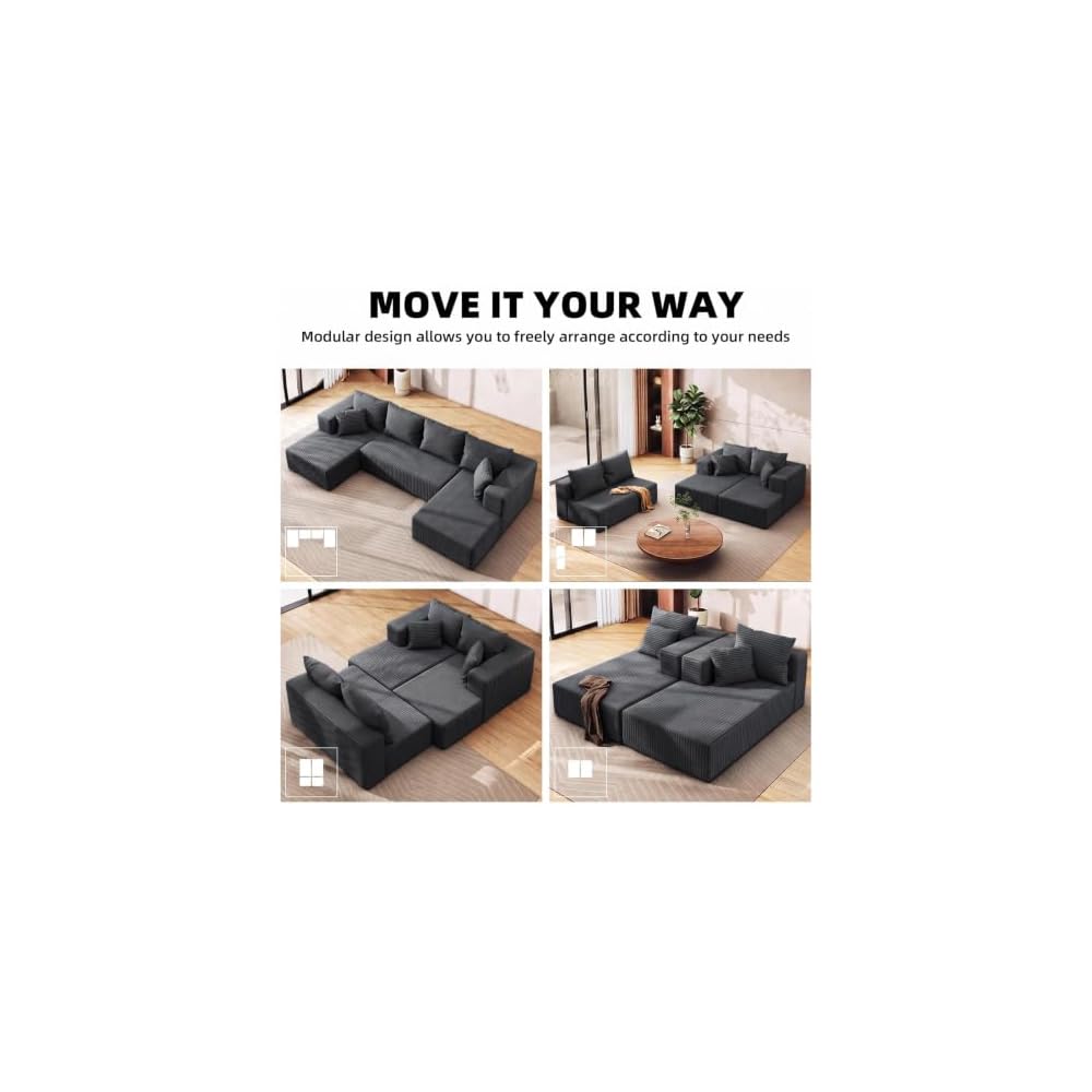 132" Modular Sectional Couch, U Shaped Boneless Corduroy Cloud Sofa