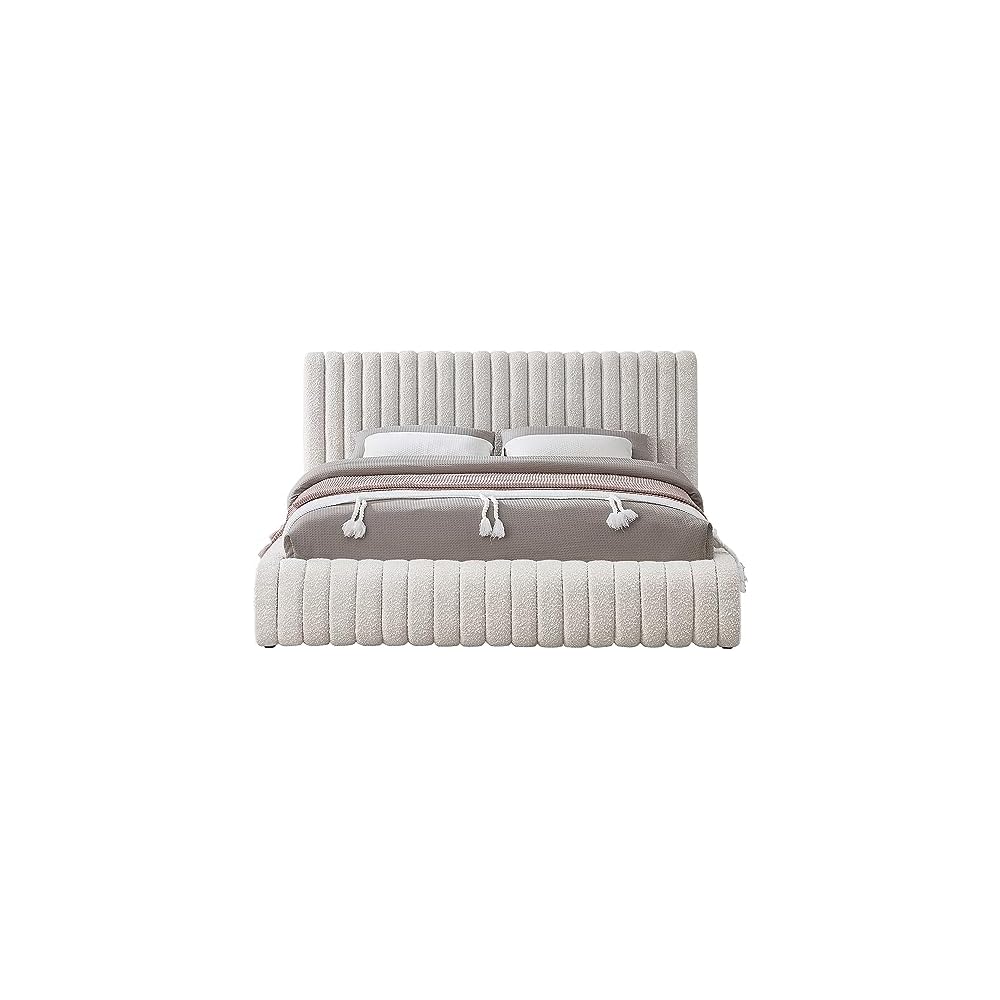 Meridian Furniture NashCream-K Nash Collection Modern | Contemporary Boucle Fabric Upholstered King Bed with Rich Cream Boucle Fabric and Deep Channel Tufting, 89" W x 91" D x 38" H, Cream, King