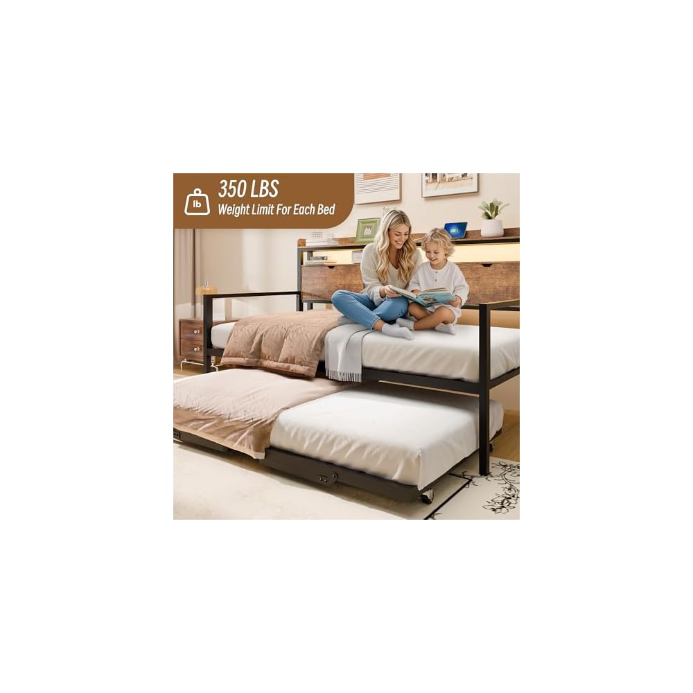 TOLEAD Twin Metal Daybed with Pop Up Trundle, Twin to King Expandable Bed Frame with Storage Headboard & Charging Station, Heavy Duty Day Bed for Bedroom or Guest Room, Rustic Brown