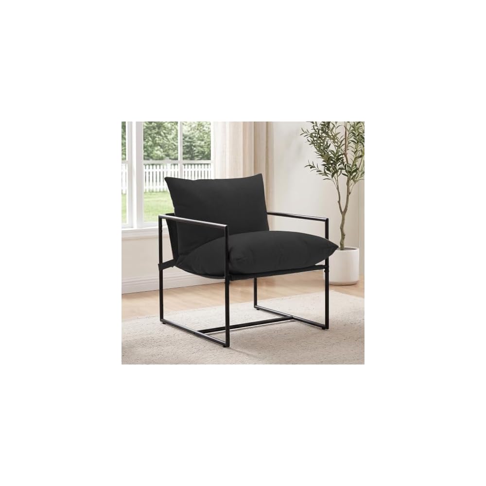 Modern Accent Chair, Upholstered Reading Sling Chair with Metal Frame and Soft Cushion,Stylish Lounge Armchair for Living Room, Bedroom or Office Seating, Black
