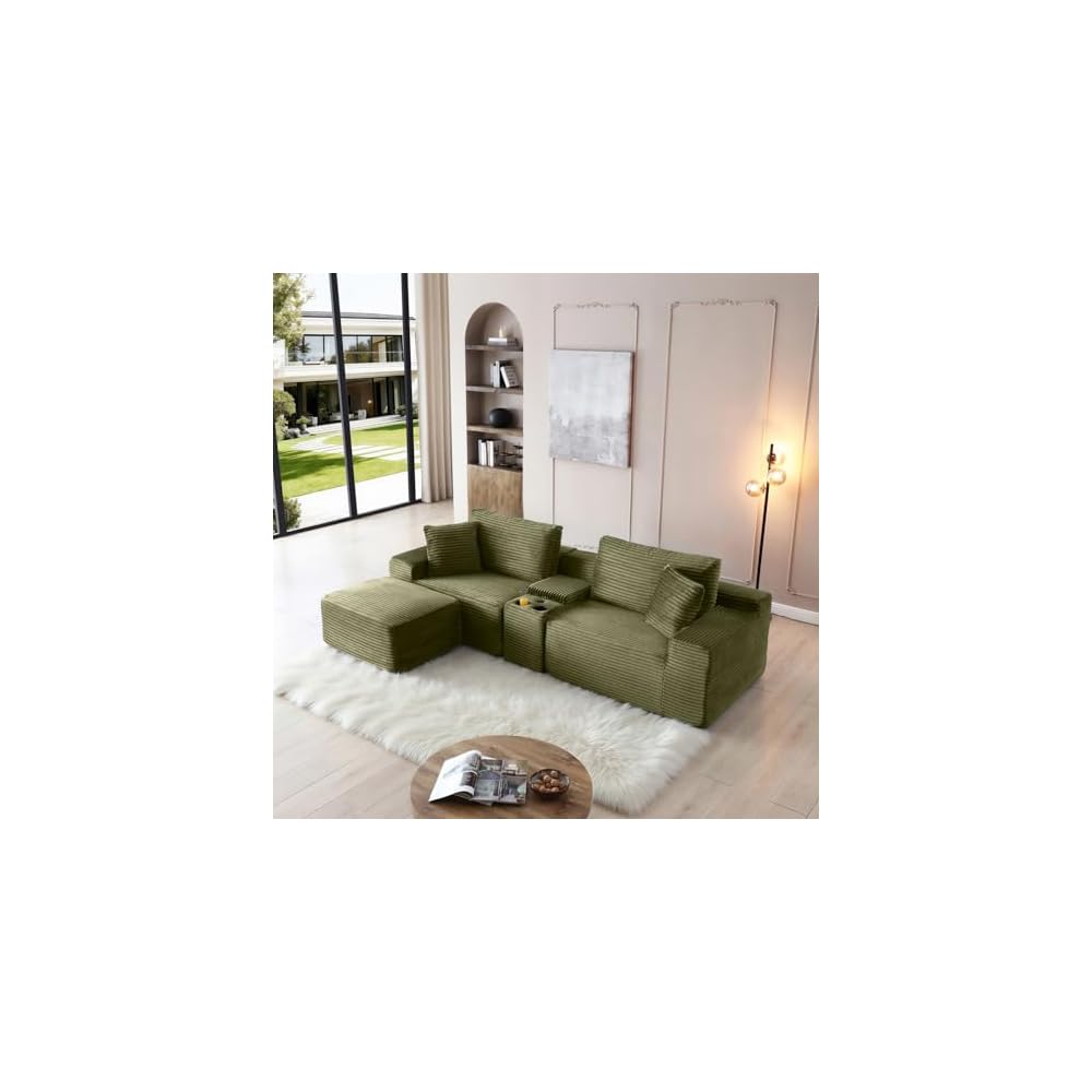 111" Oversized Modular Sectional Couch, L Shaped Corduroy Cloud Sofa with Cup Holders, USB & Type-C Ports, Storage Box, Deep Seat Upholstered Memory Foam Boneless Floor Sofa for Living Room (Green)