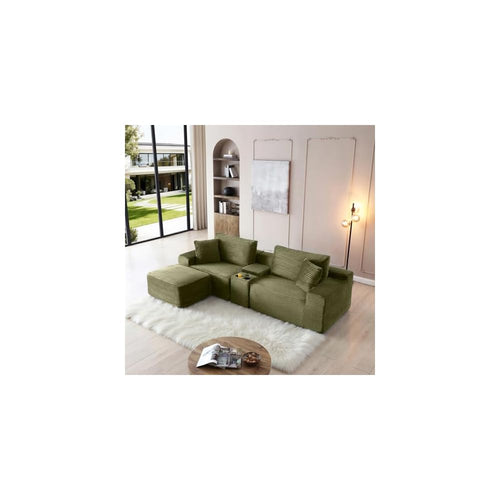111" Oversized Modular Sectional Couch, L Shaped Corduroy Cloud Sofa with Cup Holders, USB & Type-C Ports, Storage Box, Deep Seat Upholstered Memory Foam Boneless Floor Sofa for Living Room (Green)