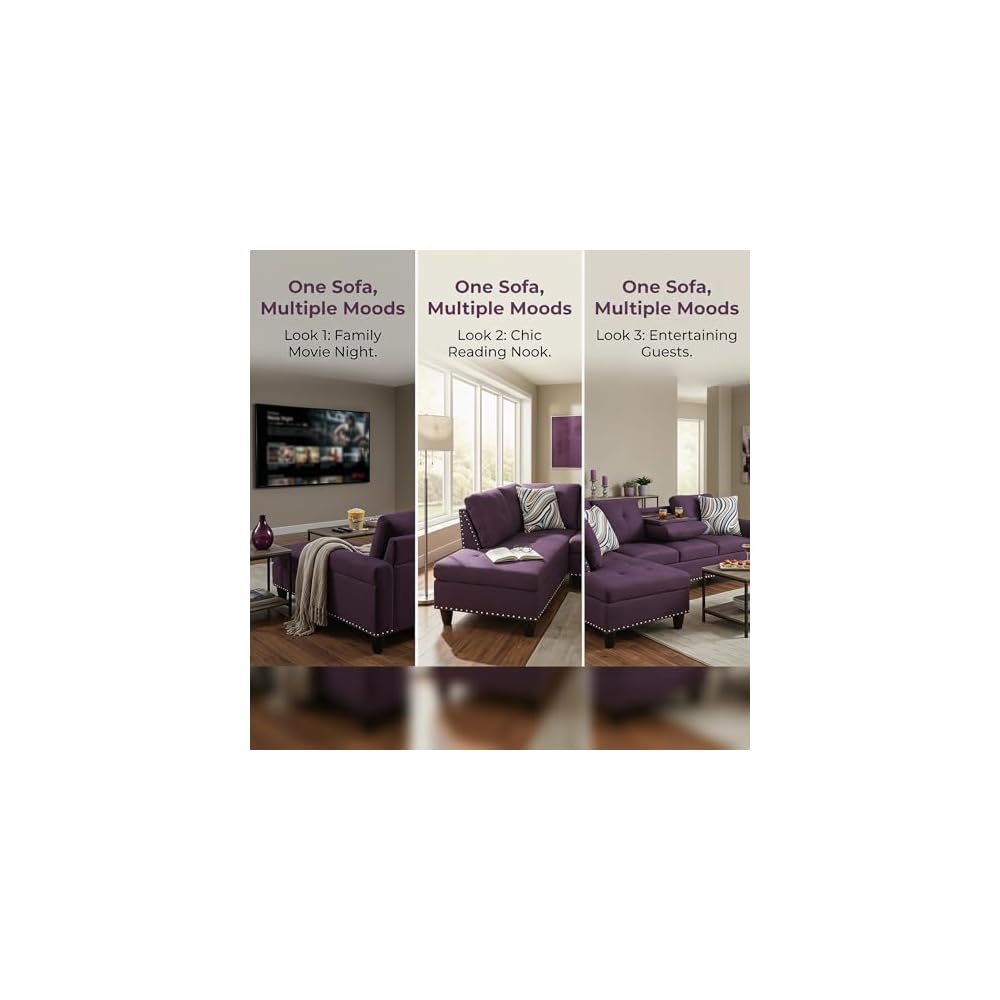 L-Shaped Sectional Sofa, Modern 4-Seat Couch with Built-in Cup Holders, Upholstered Fabric Sectional Couch with Right Facing Chaise for Living Room, Apartment, Office, Purple