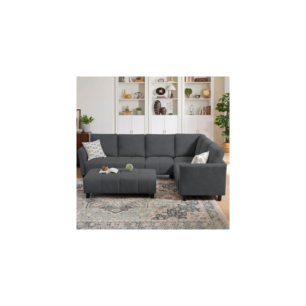 Modular Sectional Sofa, L-Shaped Sectional Couch with Movable Ottoman, Removable Covers, Comfy Sectionals Set for Living Room,Office (Dark Grey, 6-Seats)