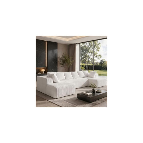 130" Boneless Couch, Cloud Couch Sectional, Corduroy Sofa for Living Room, U Shaped Modular Sofa with Chaise, No Assembly, 4 Seats Oversized (White)