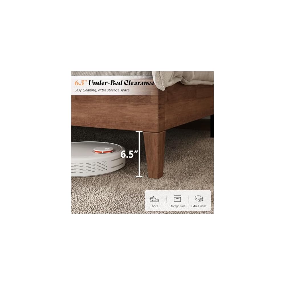 AMERLIFE Solid Wood King Bed Frame 50.2" Upholstered Headboard, Walnut